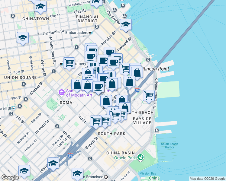 map of restaurants, bars, coffee shops, grocery stores, and more near 346 1st Street in San Francisco