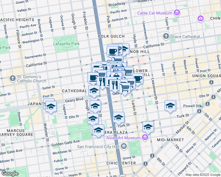 map of restaurants, bars, coffee shops, grocery stores, and more near 1161 Post Street in San Francisco