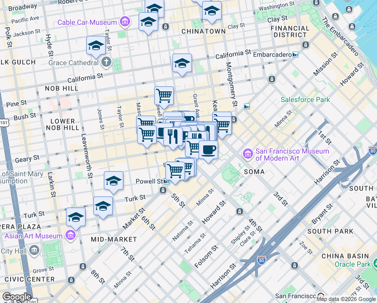 map of restaurants, bars, coffee shops, grocery stores, and more near 77 O'Farrell Street in San Francisco