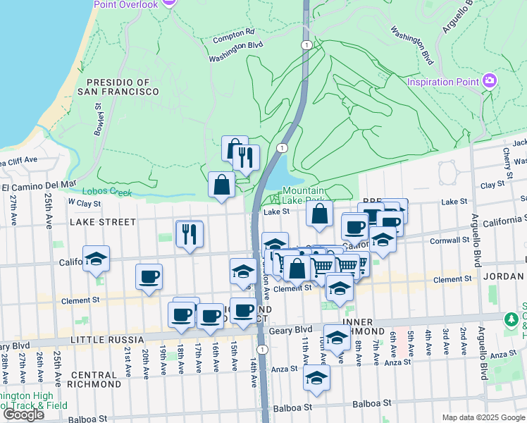 map of restaurants, bars, coffee shops, grocery stores, and more near 98 Funston Avenue in San Francisco