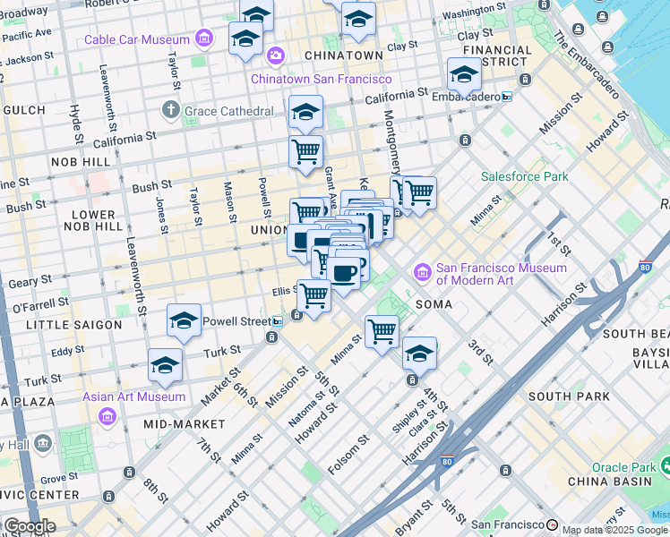 map of restaurants, bars, coffee shops, grocery stores, and more near 760 Market Street in San Francisco