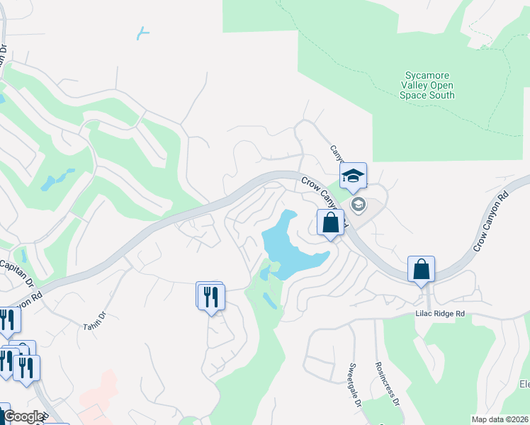 map of restaurants, bars, coffee shops, grocery stores, and more near 220 Lakeridge Way in San Ramon