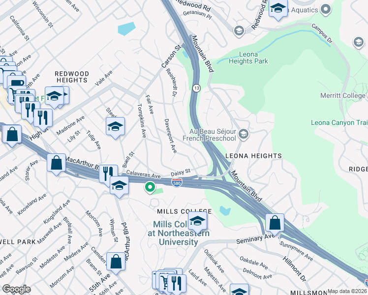 map of restaurants, bars, coffee shops, grocery stores, and more near 4729 Cunningham Street in Oakland