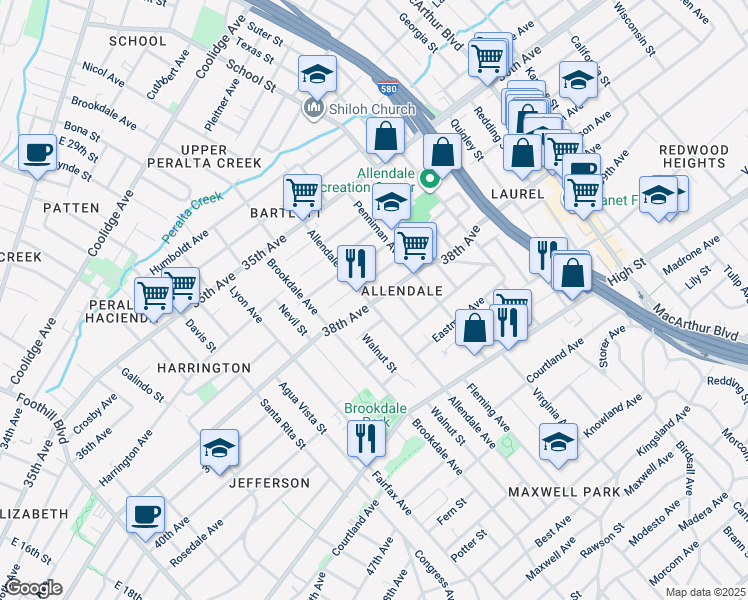 map of restaurants, bars, coffee shops, grocery stores, and more near in Oakland