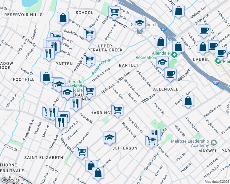 map of restaurants, bars, coffee shops, grocery stores, and more near 3550 Lyon Avenue in Oakland
