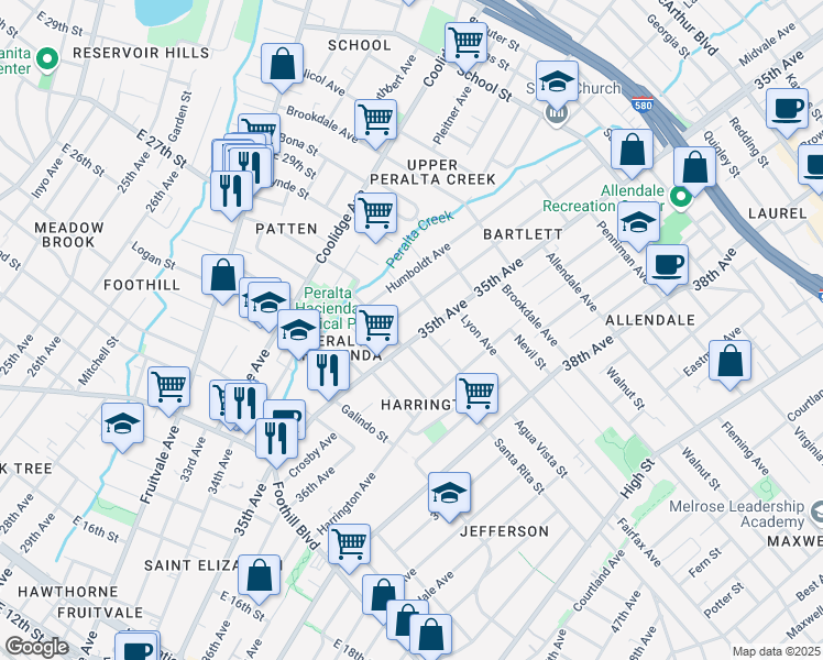 map of restaurants, bars, coffee shops, grocery stores, and more near 2316 Bartlett Street in Oakland