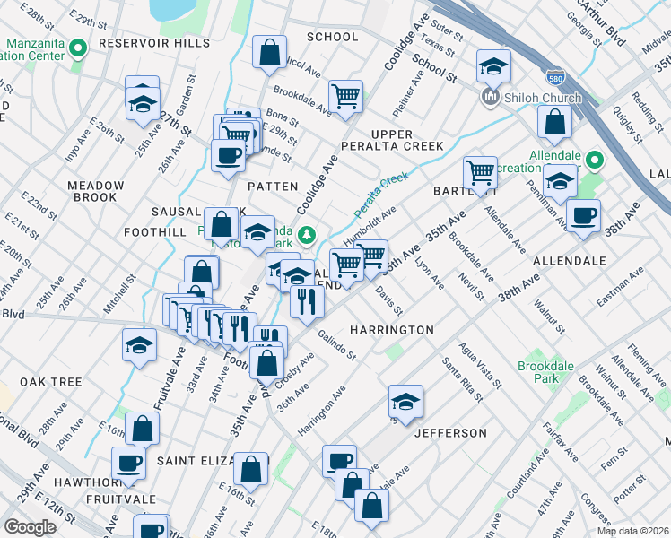 map of restaurants, bars, coffee shops, grocery stores, and more near 3456 Paxton Avenue in Oakland
