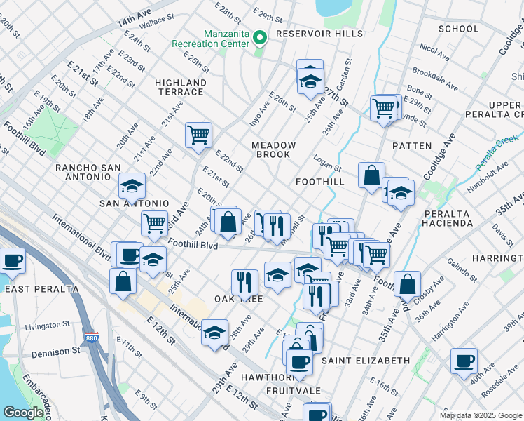map of restaurants, bars, coffee shops, grocery stores, and more near 2109 26th Avenue in Oakland