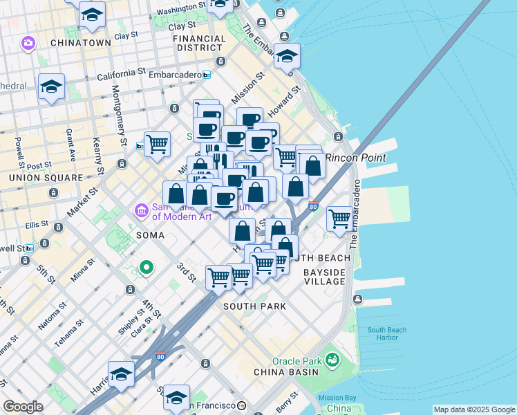 map of restaurants, bars, coffee shops, grocery stores, and more near 346 1st Street in San Francisco