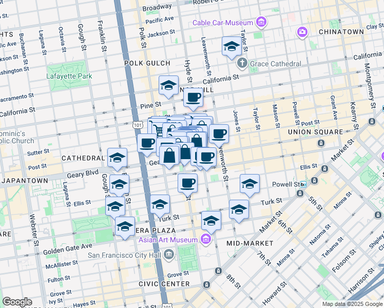map of restaurants, bars, coffee shops, grocery stores, and more near 926 Larkin Street in San Francisco