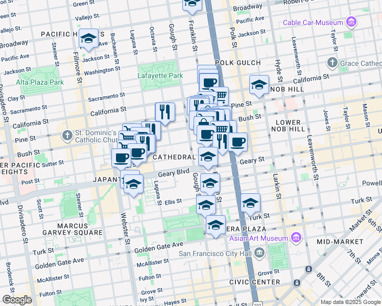 map of restaurants, bars, coffee shops, grocery stores, and more near 1407 Gough Street in San Francisco