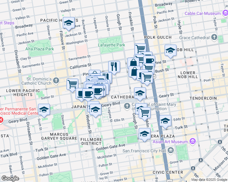 map of restaurants, bars, coffee shops, grocery stores, and more near 1619 Sutter Street in San Francisco