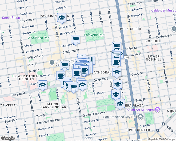 map of restaurants, bars, coffee shops, grocery stores, and more near 1691 Laguna Street in San Francisco