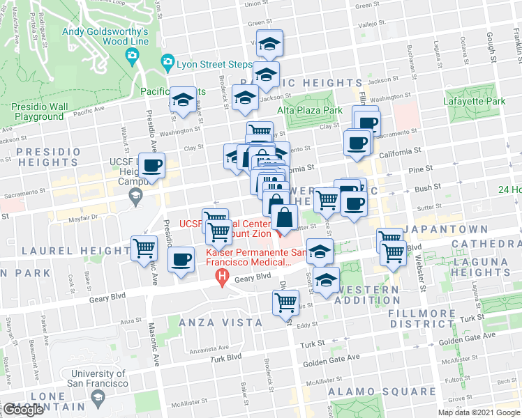 map of restaurants, bars, coffee shops, grocery stores, and more near in San Francisco