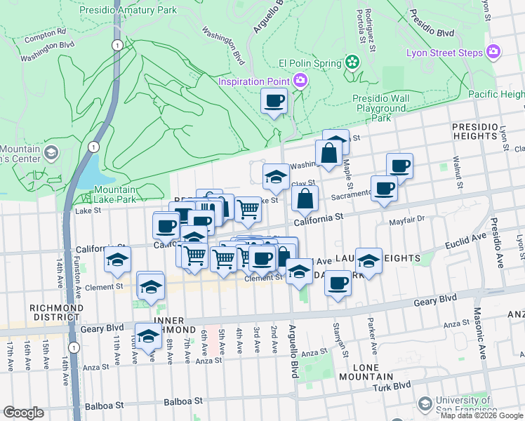 map of restaurants, bars, coffee shops, grocery stores, and more near 110 2nd Avenue in San Francisco
