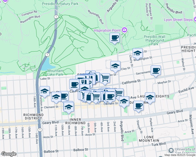 map of restaurants, bars, coffee shops, grocery stores, and more near 321 Lake Street in San Francisco