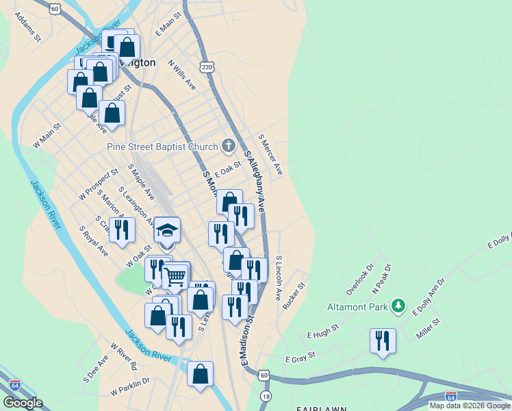 map of restaurants, bars, coffee shops, grocery stores, and more near 706 South Alleghany Avenue in Covington