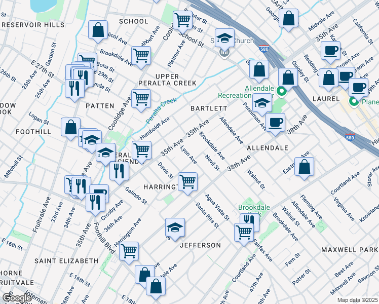 map of restaurants, bars, coffee shops, grocery stores, and more near 3550 Lyon Avenue in Oakland