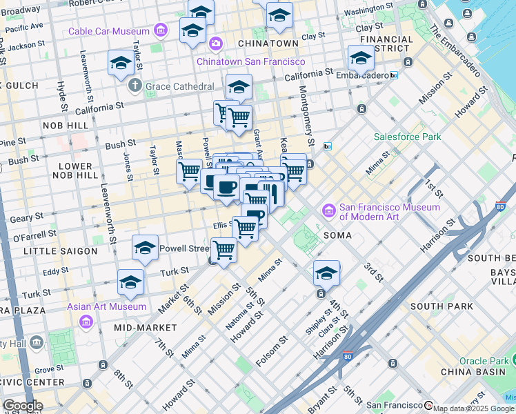 map of restaurants, bars, coffee shops, grocery stores, and more near 760 Market Street in San Francisco