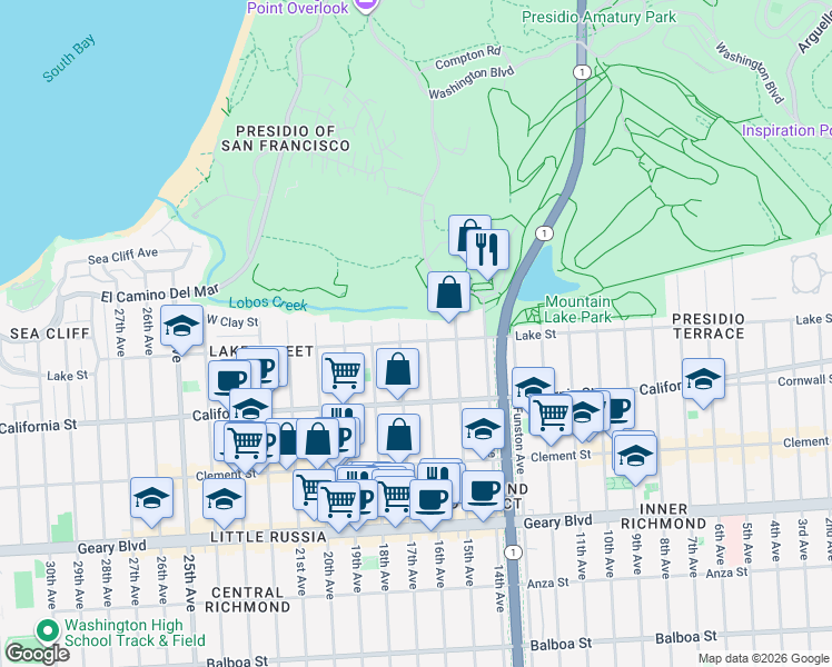 map of restaurants, bars, coffee shops, grocery stores, and more near 34 17th Avenue in San Francisco