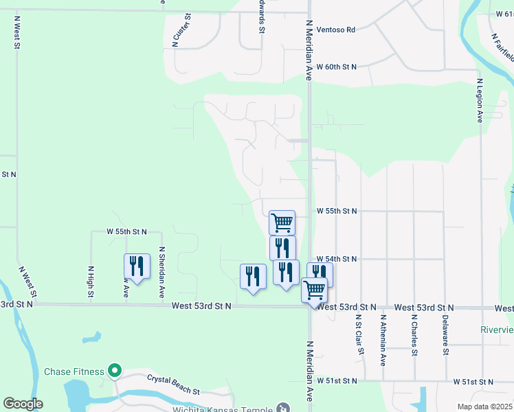 map of restaurants, bars, coffee shops, grocery stores, and more near 5577 North Edwards Circle in Wichita