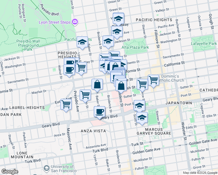 map of restaurants, bars, coffee shops, grocery stores, and more near 1730 Broderick Street in San Francisco