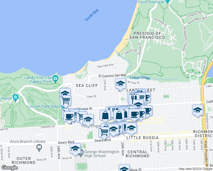 map of restaurants, bars, coffee shops, grocery stores, and more near 160 27th Avenue in San Francisco
