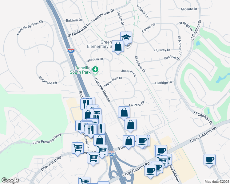 map of restaurants, bars, coffee shops, grocery stores, and more near 36 Barcelona Court in Danville