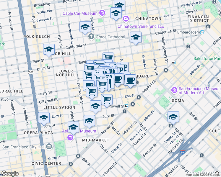 map of restaurants, bars, coffee shops, grocery stores, and more near 301 Mason Street in San Francisco