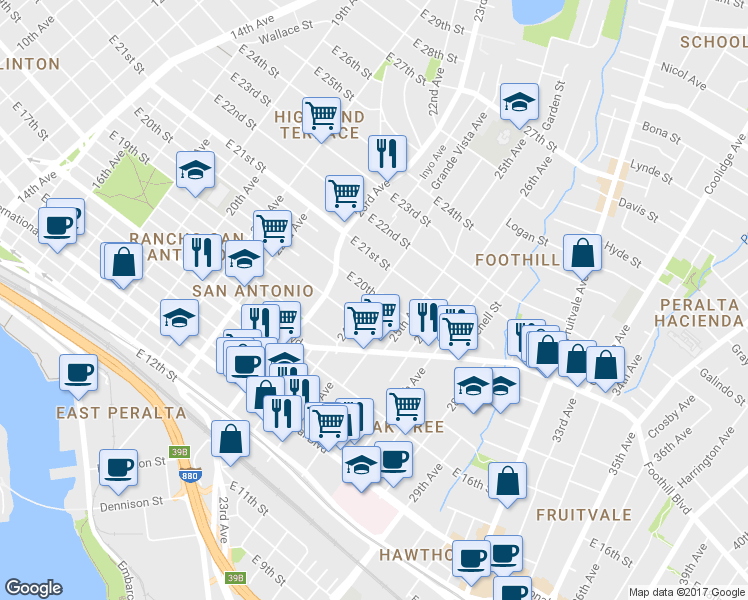 map of restaurants, bars, coffee shops, grocery stores, and more near 1950 24th Avenue in Oakland