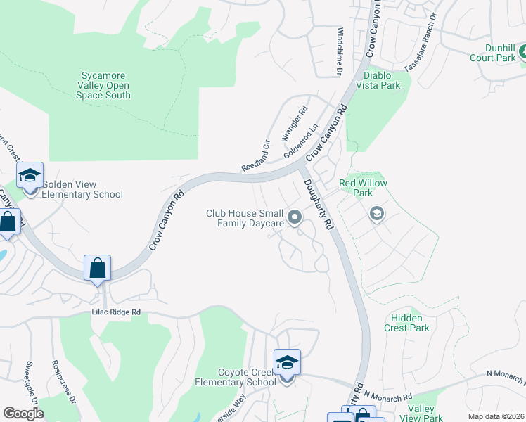 map of restaurants, bars, coffee shops, grocery stores, and more near 417 Fuchsia Lane in San Ramon