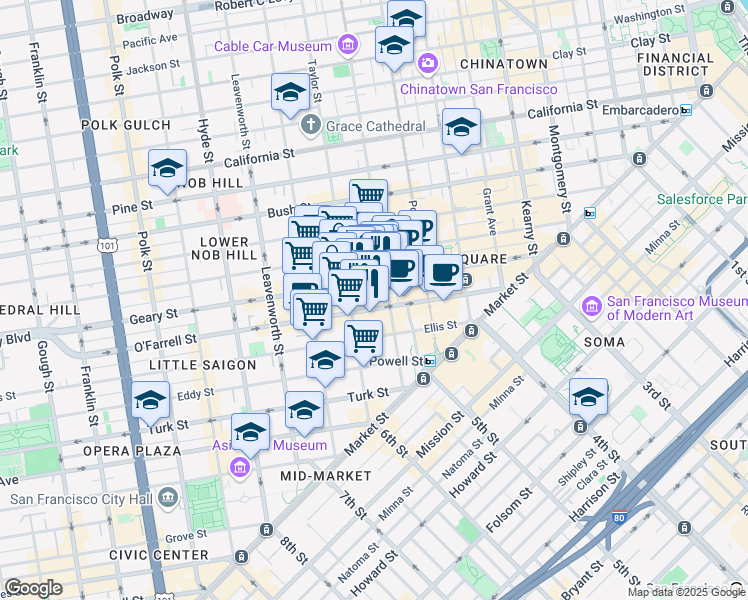map of restaurants, bars, coffee shops, grocery stores, and more near 301 Mason Street in San Francisco