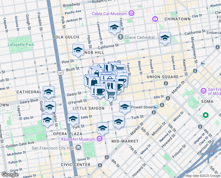 map of restaurants, bars, coffee shops, grocery stores, and more near in San Francisco