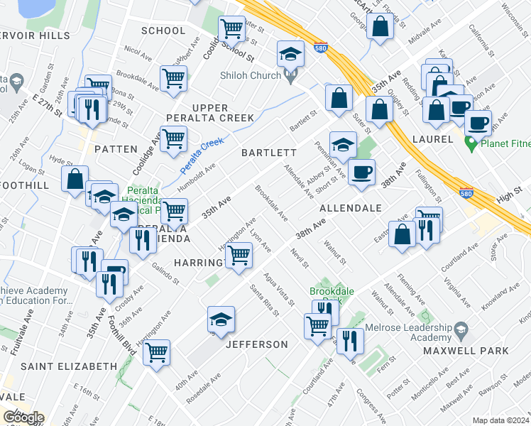 map of restaurants, bars, coffee shops, grocery stores, and more near 3600 Nevil Street in Oakland