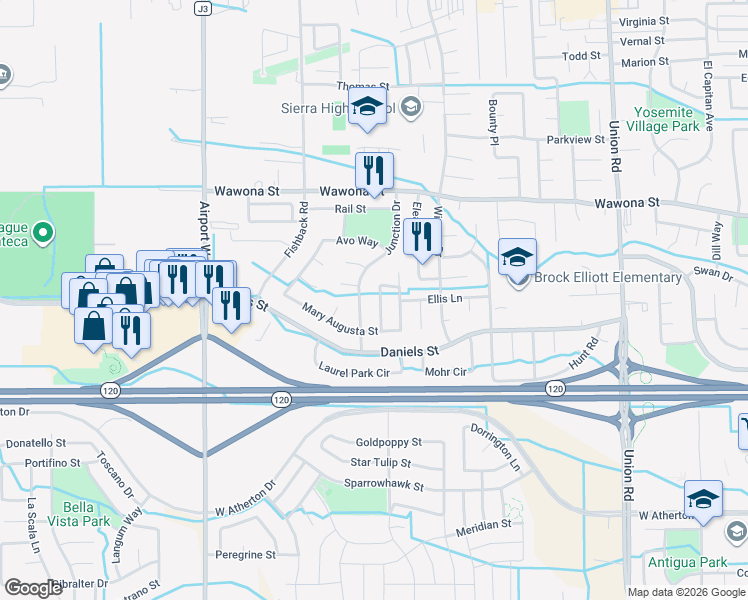 map of restaurants, bars, coffee shops, grocery stores, and more near 1121 Brookhaven Ln in Manteca