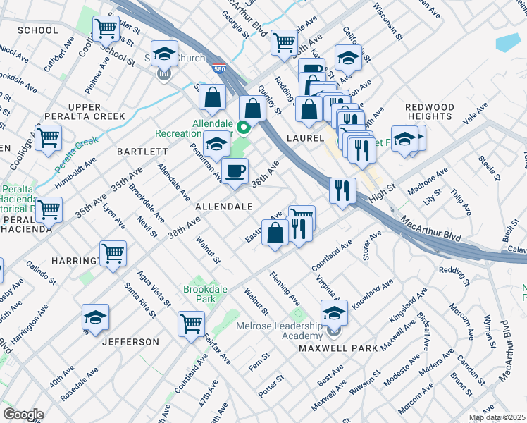 map of restaurants, bars, coffee shops, grocery stores, and more near 3020 Minna Avenue in Oakland