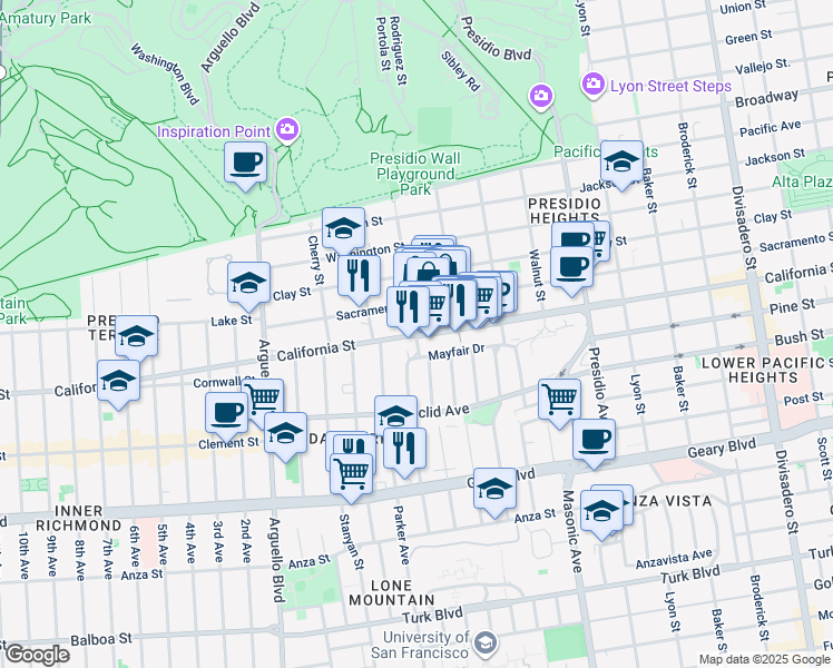 map of restaurants, bars, coffee shops, grocery stores, and more near California Street & Spruce Street in San Francisco