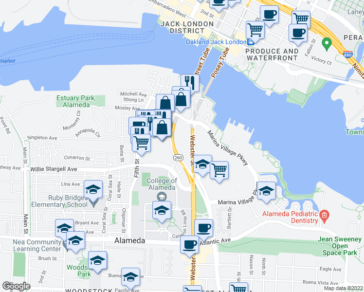 map of restaurants, bars, coffee shops, grocery stores, and more near 2470 Mariner Square Loop in Alameda