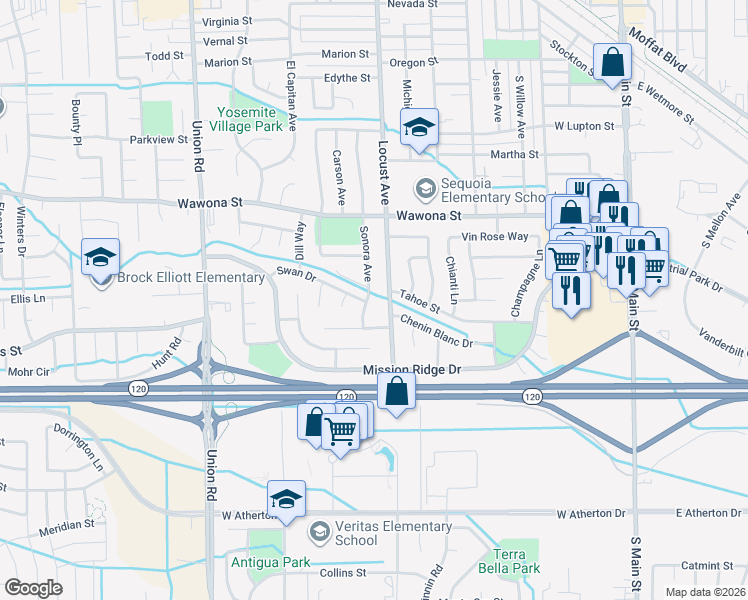 map of restaurants, bars, coffee shops, grocery stores, and more near 1120 Sonora Avenue in Manteca