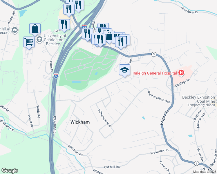 map of restaurants, bars, coffee shops, grocery stores, and more near 223 Crescent Road in Beckley