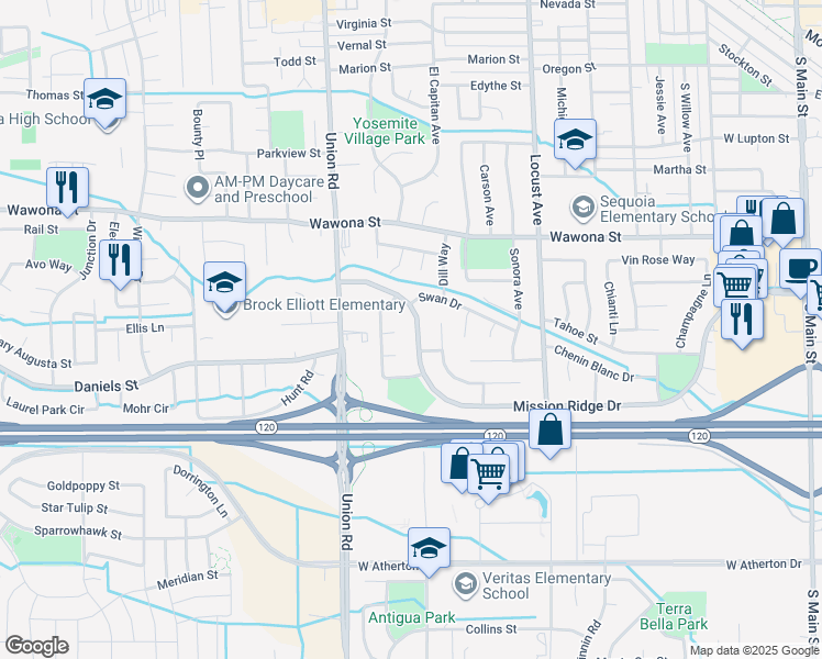 map of restaurants, bars, coffee shops, grocery stores, and more near 1076 Mission Ridge Drive in Manteca