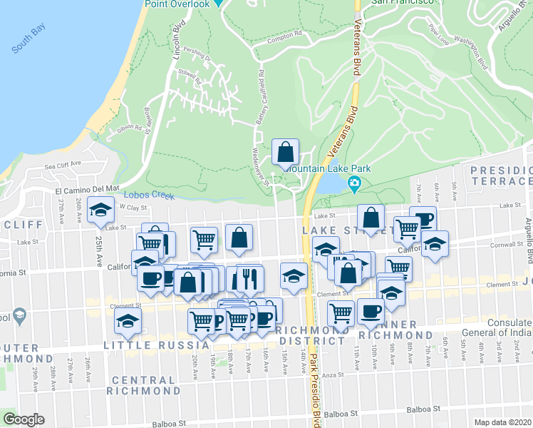 map of restaurants, bars, coffee shops, grocery stores, and more near 1434 Lake Street in San Francisco