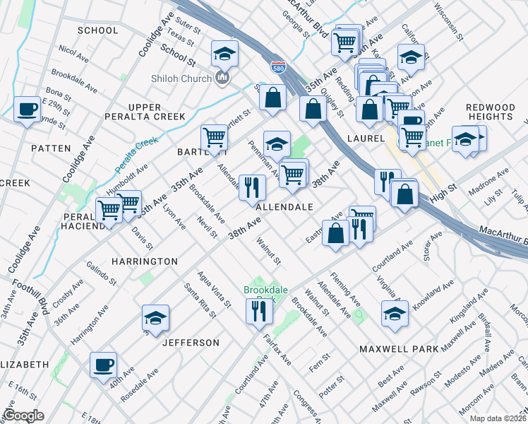 map of restaurants, bars, coffee shops, grocery stores, and more near 2801 38th Avenue in Oakland