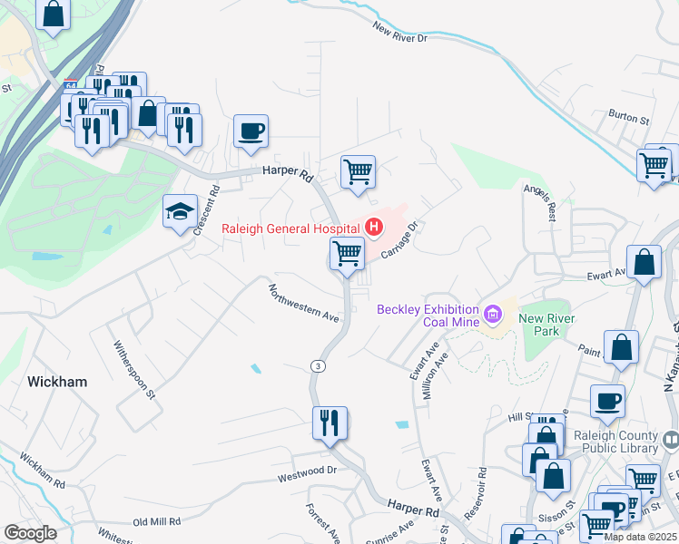 map of restaurants, bars, coffee shops, grocery stores, and more near 1709 Harper Rd in Beckley