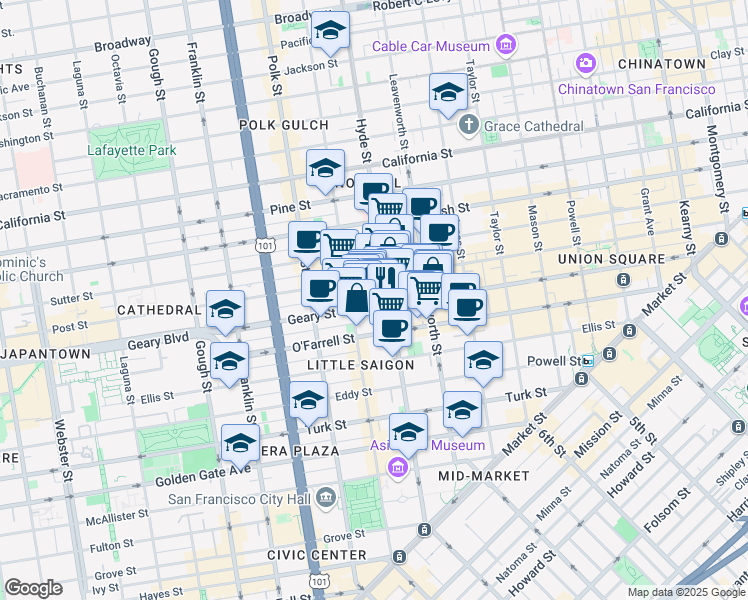 map of restaurants, bars, coffee shops, grocery stores, and more near 610 Hyde Street in San Francisco