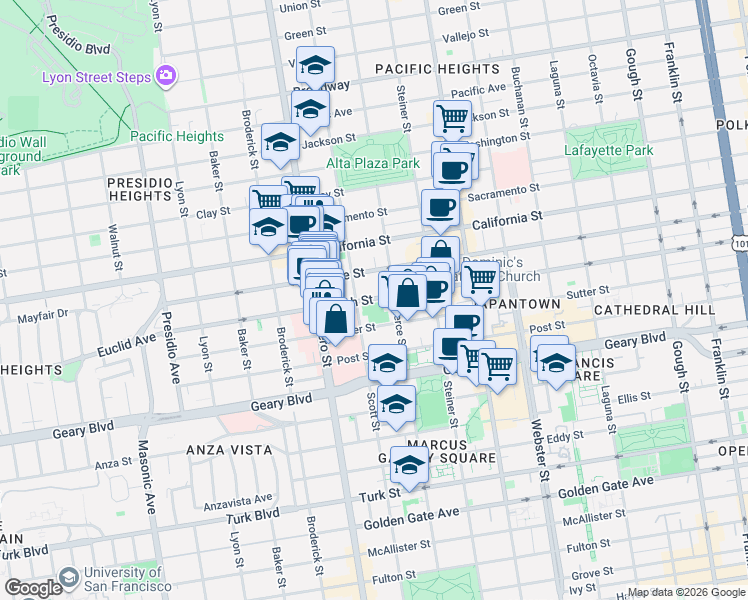 map of restaurants, bars, coffee shops, grocery stores, and more near 2455 Bush St in San Francisco
