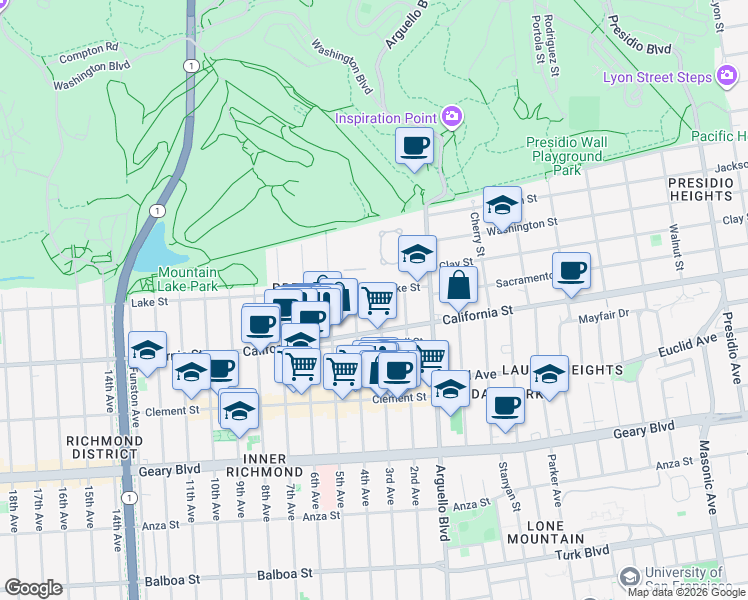 map of restaurants, bars, coffee shops, grocery stores, and more near 115 3rd Avenue in San Francisco