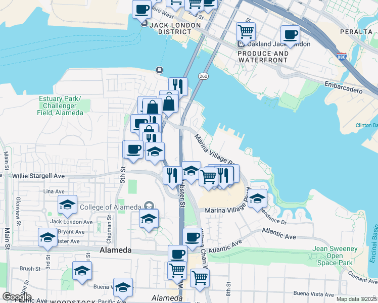 map of restaurants, bars, coffee shops, grocery stores, and more near 2238 Mariner Square Dr in Alameda