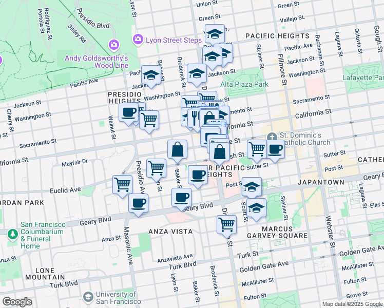 map of restaurants, bars, coffee shops, grocery stores, and more near 1713 Broderick Street in San Francisco