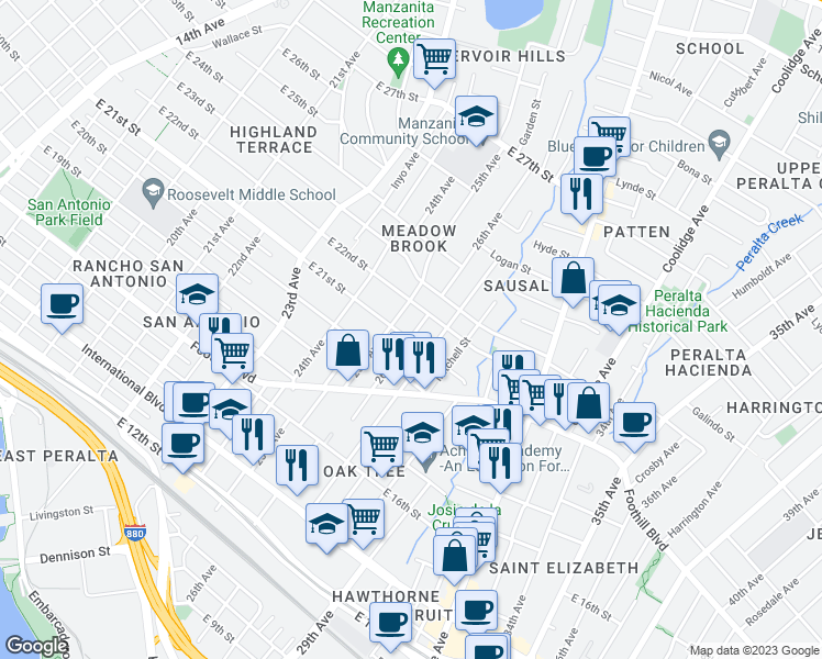map of restaurants, bars, coffee shops, grocery stores, and more near 2109 26th Avenue in Oakland